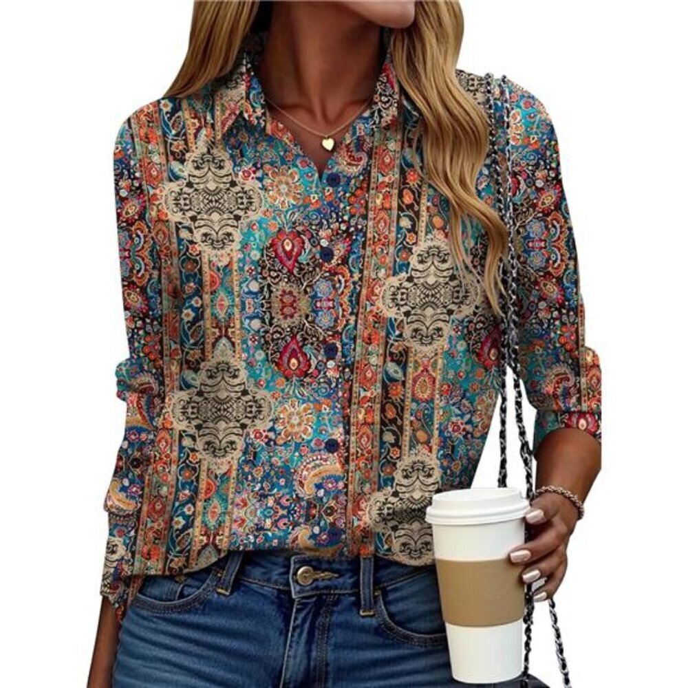 Floral Printed Button-Down Shirt Long Sleeve Blouse Women